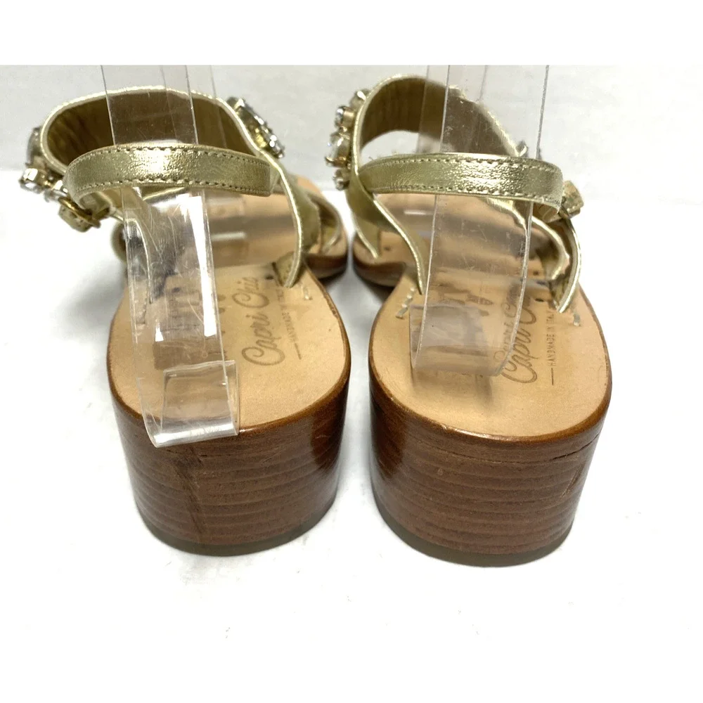 Capri Chic Sandal Gold Leather Crystal Rhinestone Open Toe Block Heel Two Strap